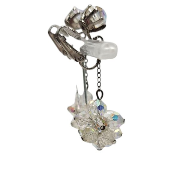 Vtg Aurora Borealis Crystal Clip-On Dangle Earrings AB Cluster Drop Statement - Picture 8 of 10